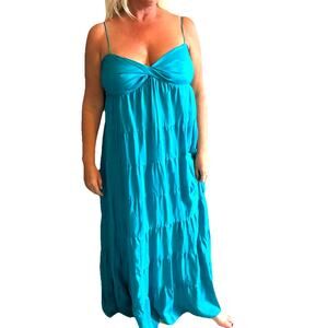 VTG 90s Silk Slip Maxi Dress Tiered Teal Boho Fairy Flowy Hippie LONG Resort 12